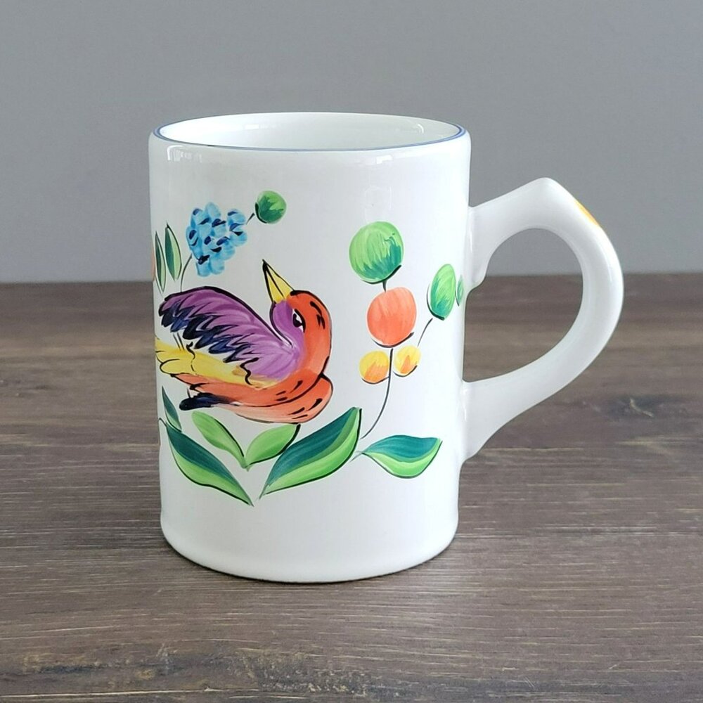 Herend Village Pottery Morning Song Mug, Hand-Painted Whimsical Bird & Floral